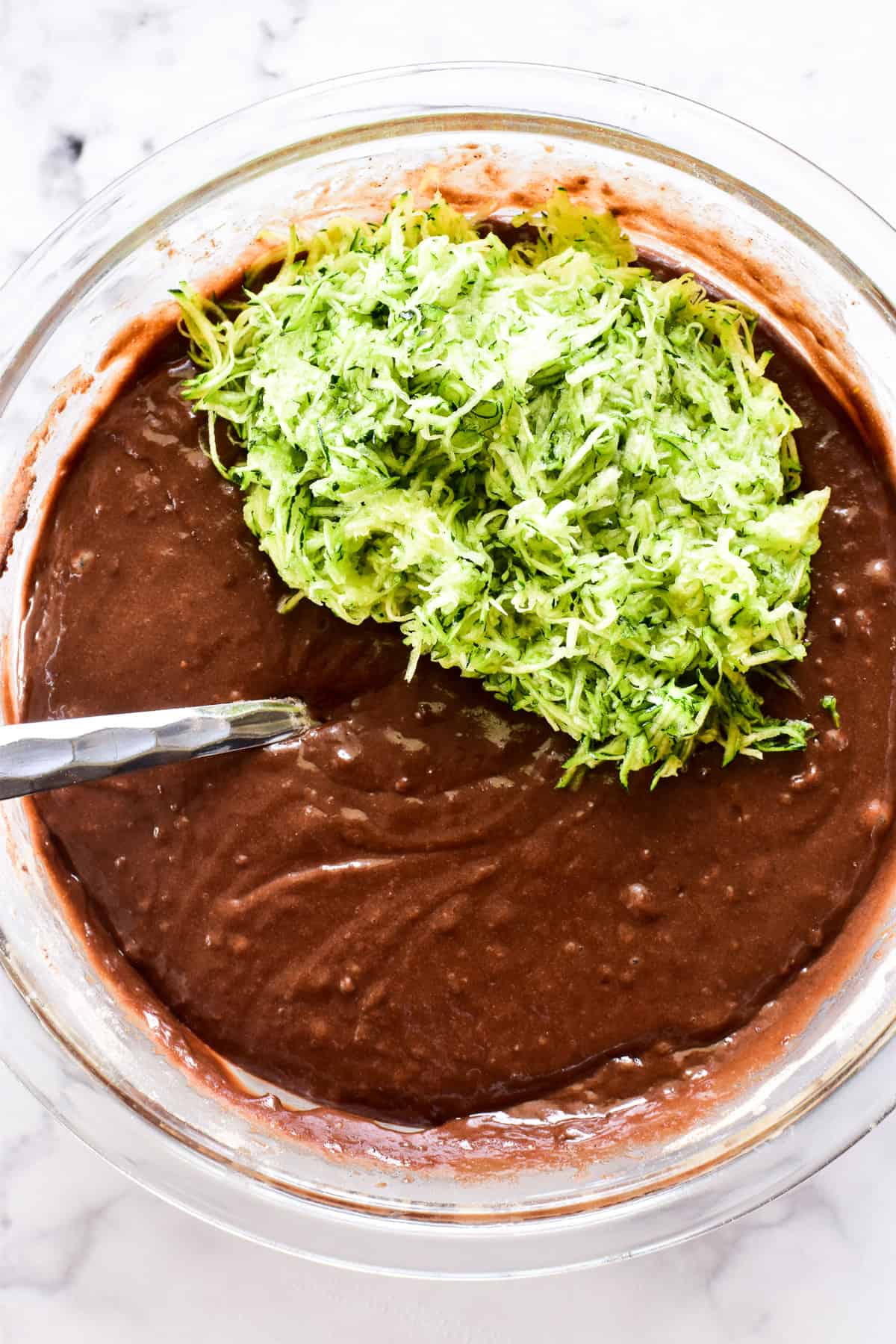 Chocolate Zucchini Bread batter in a mixing bowl