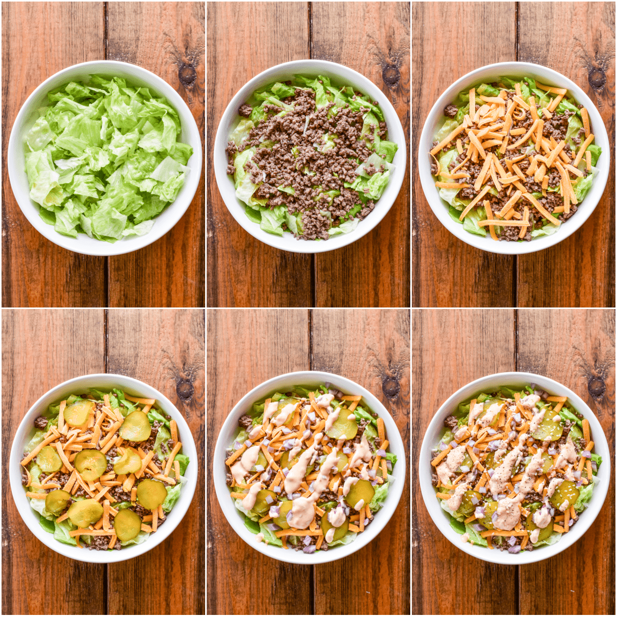 Step by step assembly of Big Mac Salad